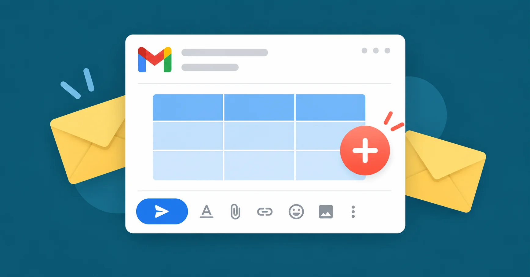 White email compose card with Gmail M, a large neatly aligned three-by-three blue table grid inserted in its body, coral plus badge beside it.