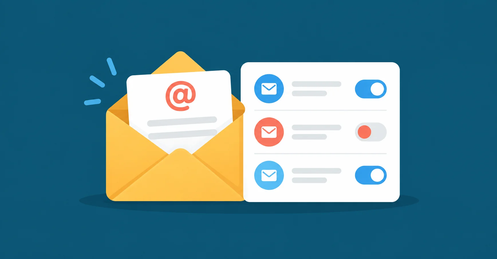 White list of three newsletter rows with simple toggle switches, two blue on and one coral off, yellow email beside it.