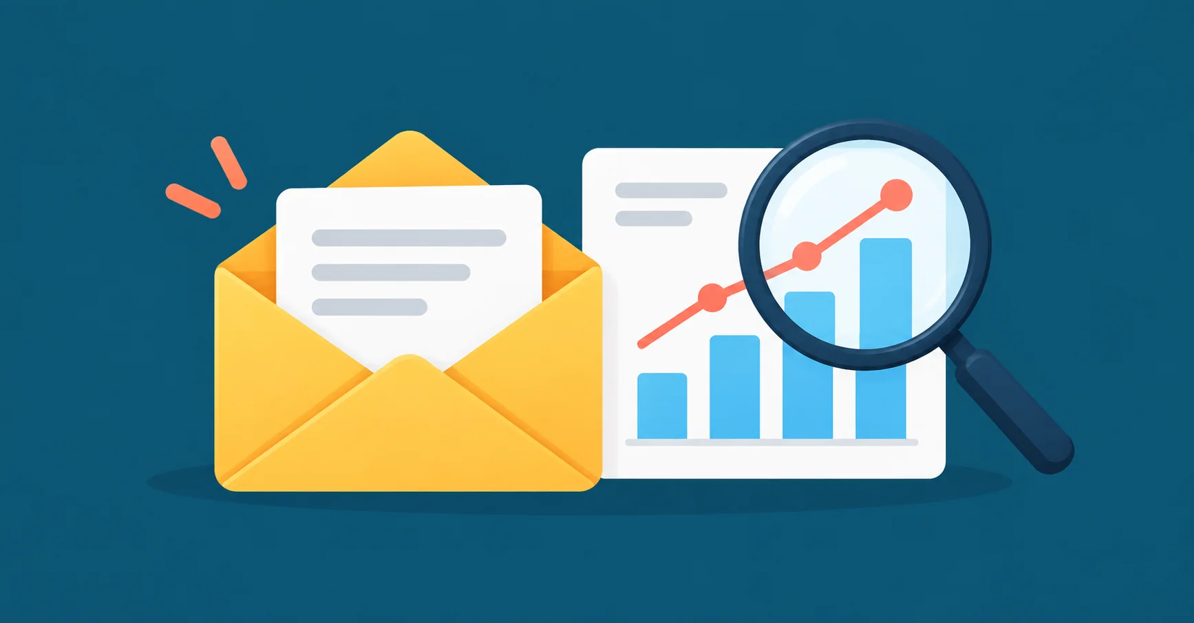 Warm-yellow envelope beside white analytics panel with three blue bars and a coral trend line, magnifying glass over the panel.