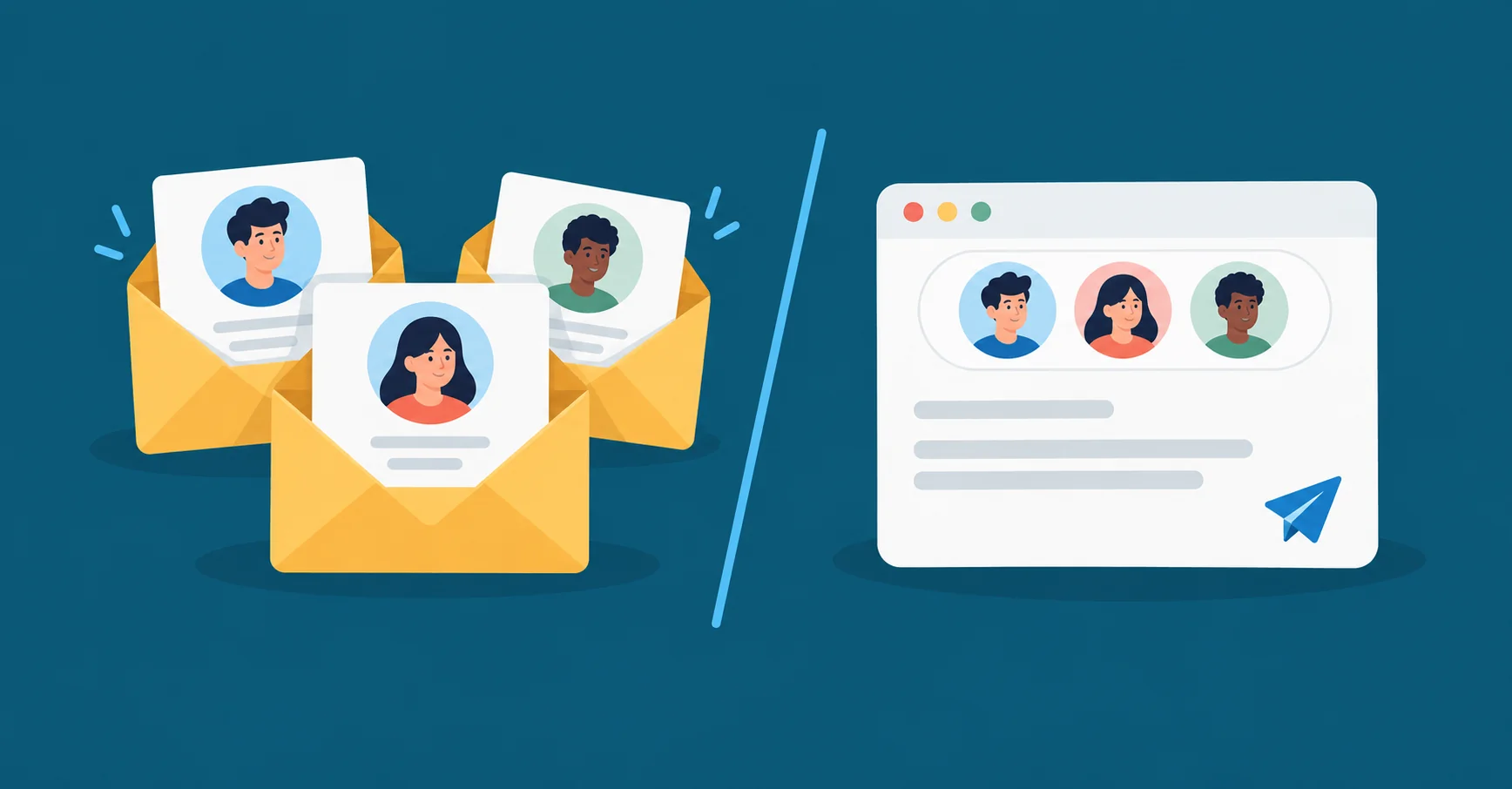 Three personalized envelopes, each with its own avatar, beside one email card with three avatars in a shared recipient row.
