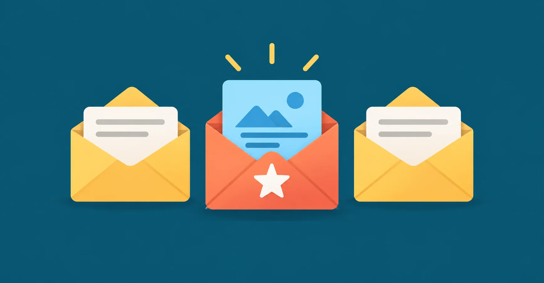 A coral email with a star stands out between two yellow emails.