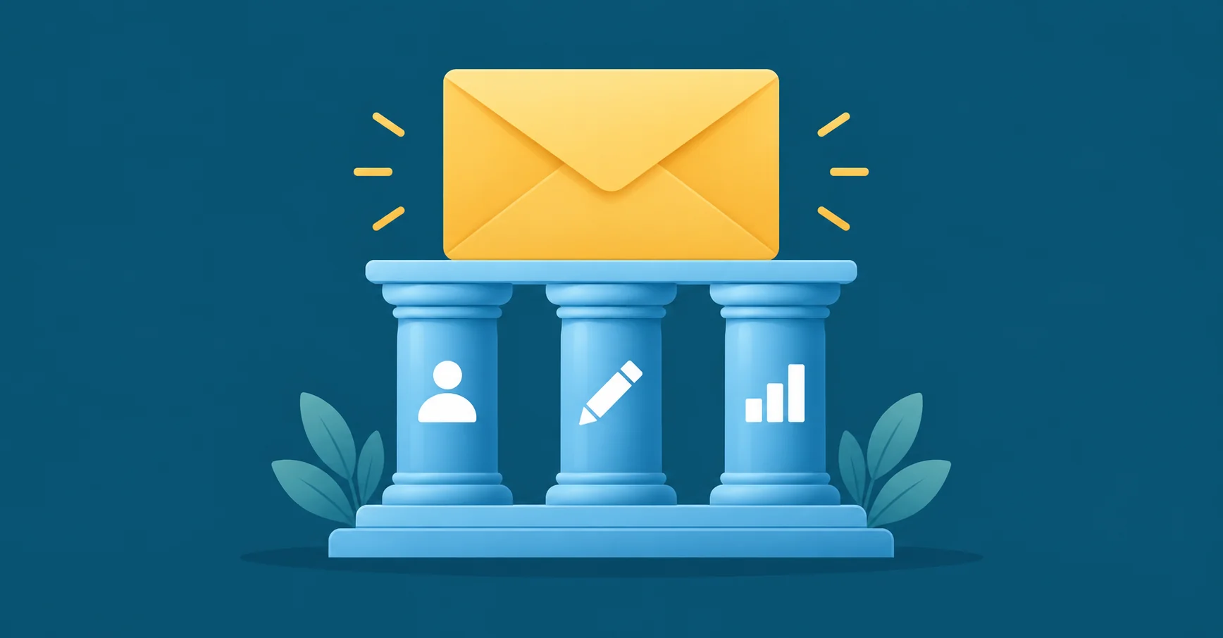 Three sturdy blue columns supporting a large yellow email envelope, each column carries one simple white icon: person, pencil, and chart.