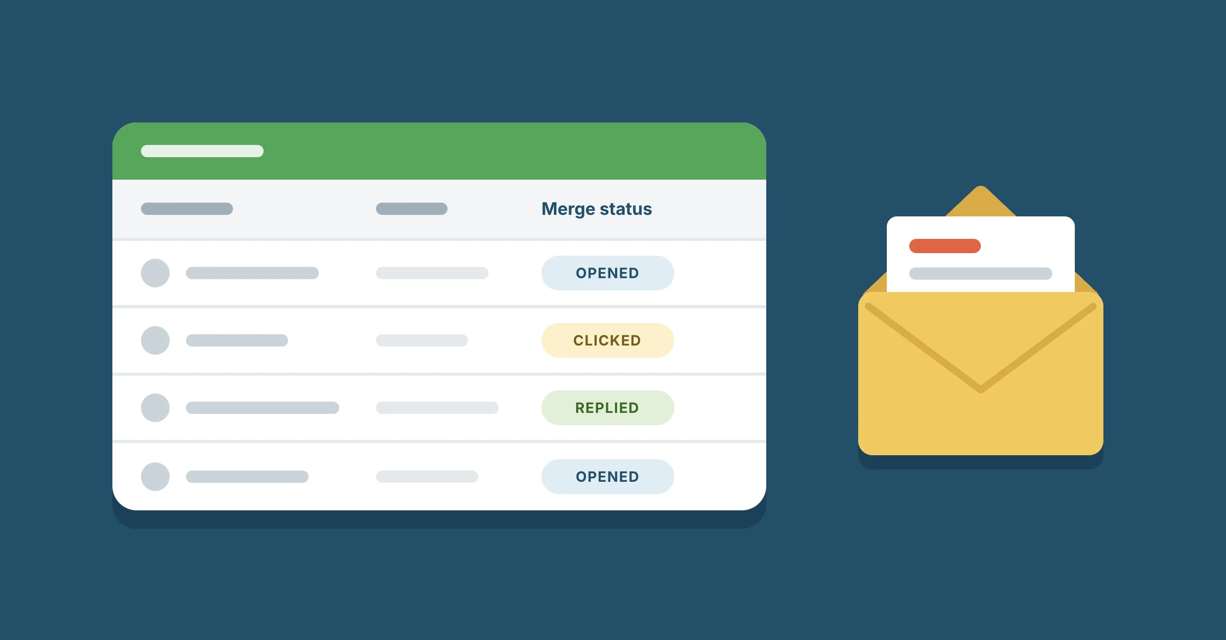 A spreadsheet with a Merge status column, its rows marked opened, clicked and replied, next to an open envelope.