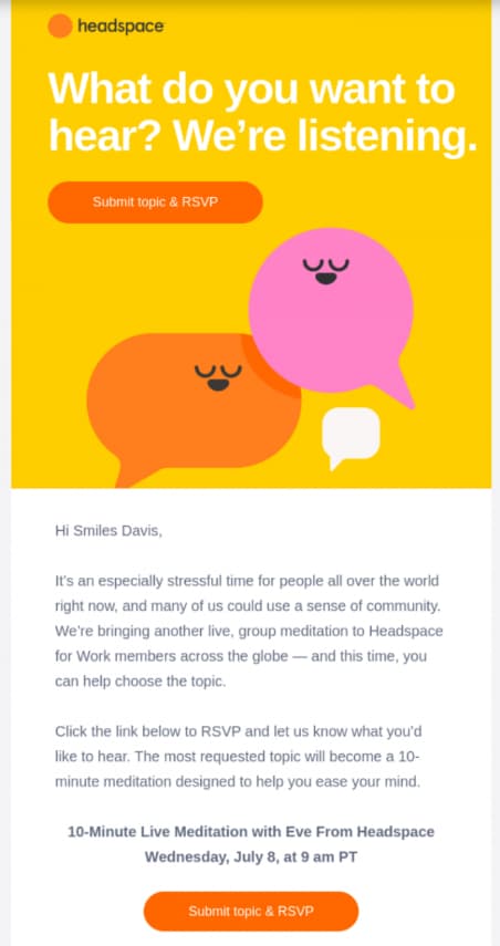 Headspace email inviting subscribers to suggest a topic and RSVP for live meditation