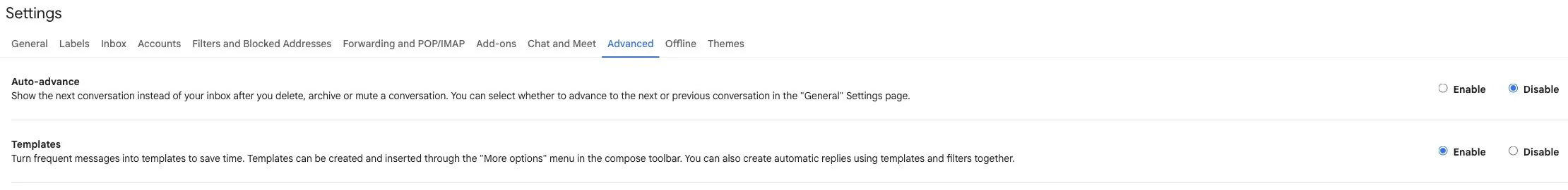 Gmail Advanced settings with Templates set to Enable.