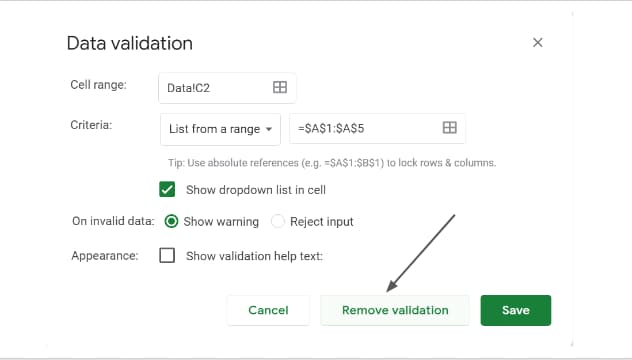 An arrow points to Remove validation in the Data validation dialog.
