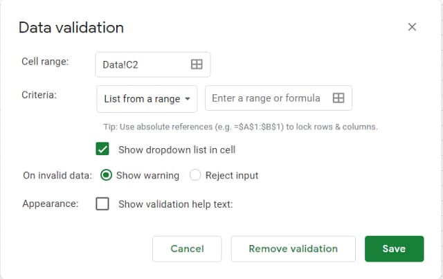 Data validation for C2, with List from a range selected and the range field empty.