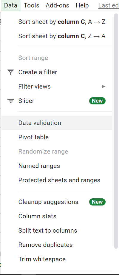 The Data validation option in the Google Sheets Data menu.