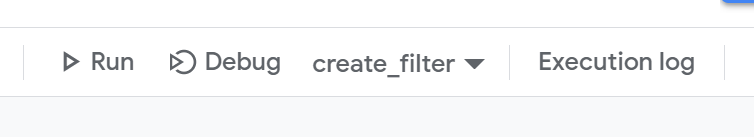 The Apps Script toolbar with create_filter selected beside the Run button.