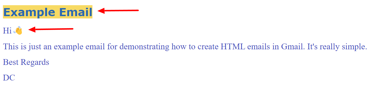 HTML email example rendered in a browser with a highlighted heading and greeting