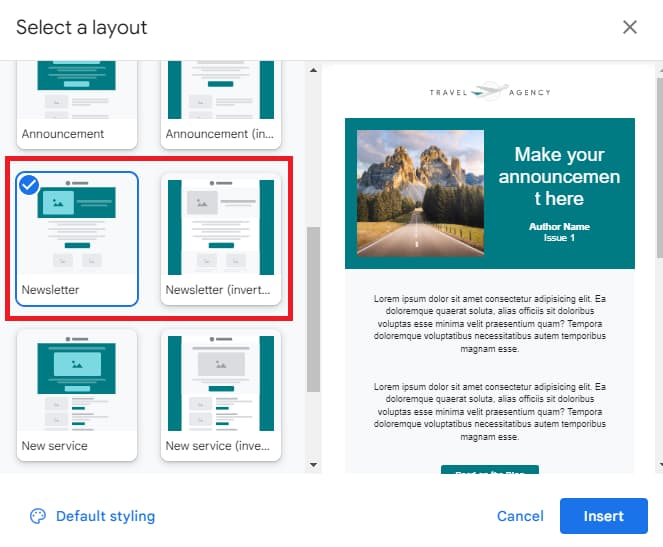 Gmail layout chooser with newsletter templates highlighted and an email preview.