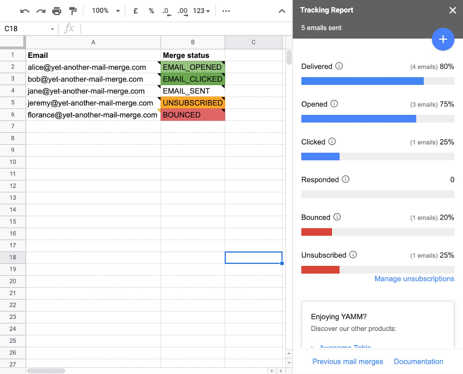YAMM Tracking Report beside color-coded delivery, open, click, unsubscribe, and bounce statuses.