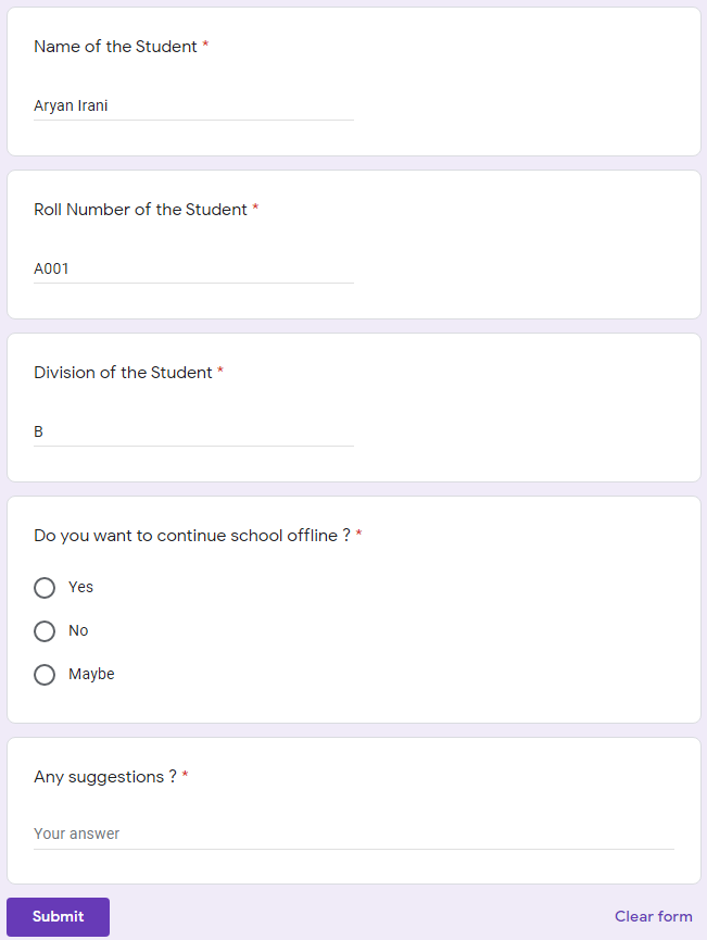 A form with student name, roll number, and division pre-filled; response questions remain below.