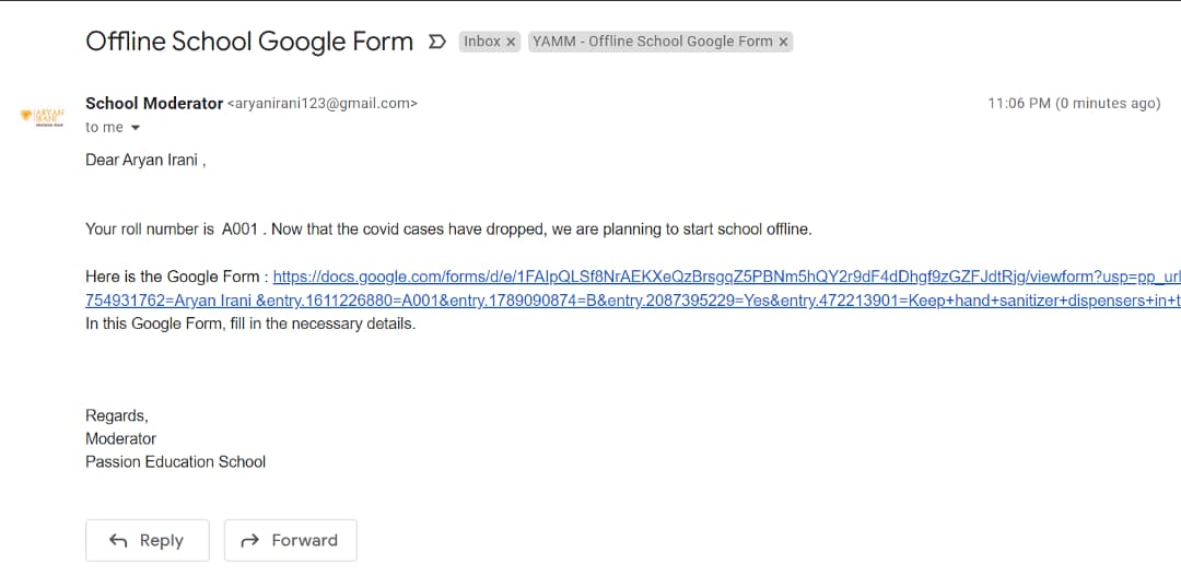 A received email personalized with the student's name, roll number, and pre-filled form link.