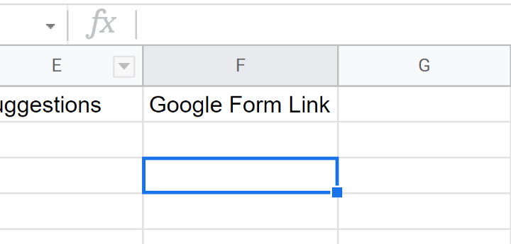 An empty cell selected under the Google Form Link heading.