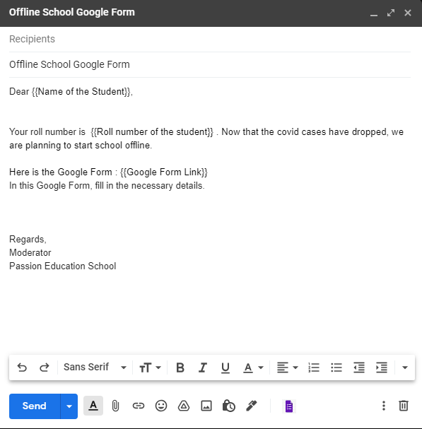 Gmail draft with merge fields for student name, roll number, and a personalized Google Form link.