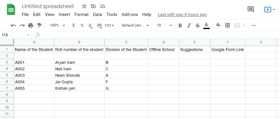 Google Sheets student data with columns for school attendance, suggestions, and a Google Form link.