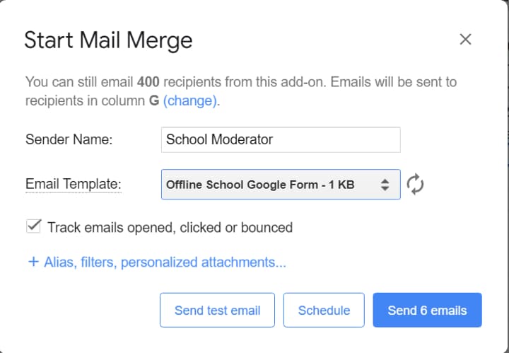 YAMM's Start Mail Merge dialog with the Offline School Google Form template selected.