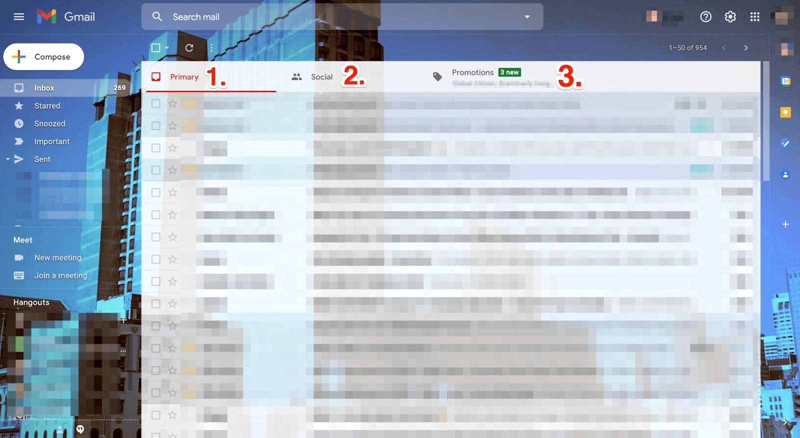 Gmail inbox with Primary, Social, and Promotions tabs numbered.