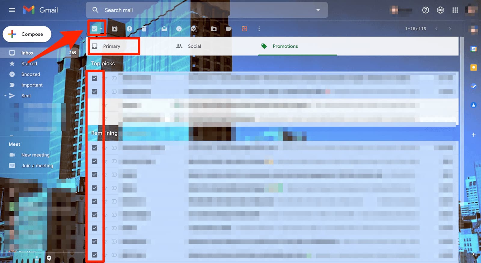 Gmail inbox with the Select checkbox and selected message checkboxes highlighted.