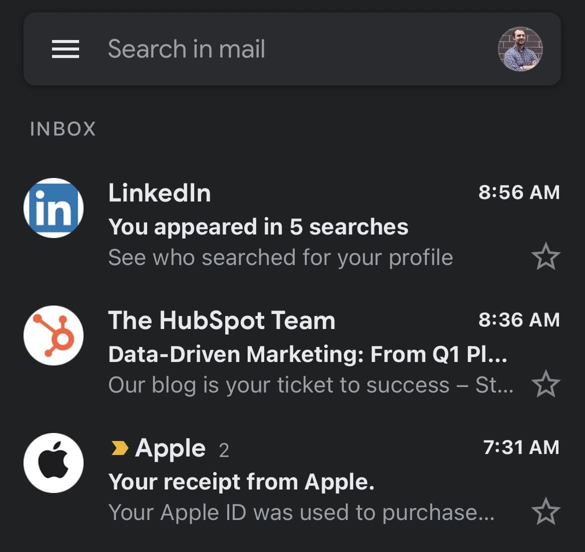 Gmail mobile inbox showing three messages in dark mode.