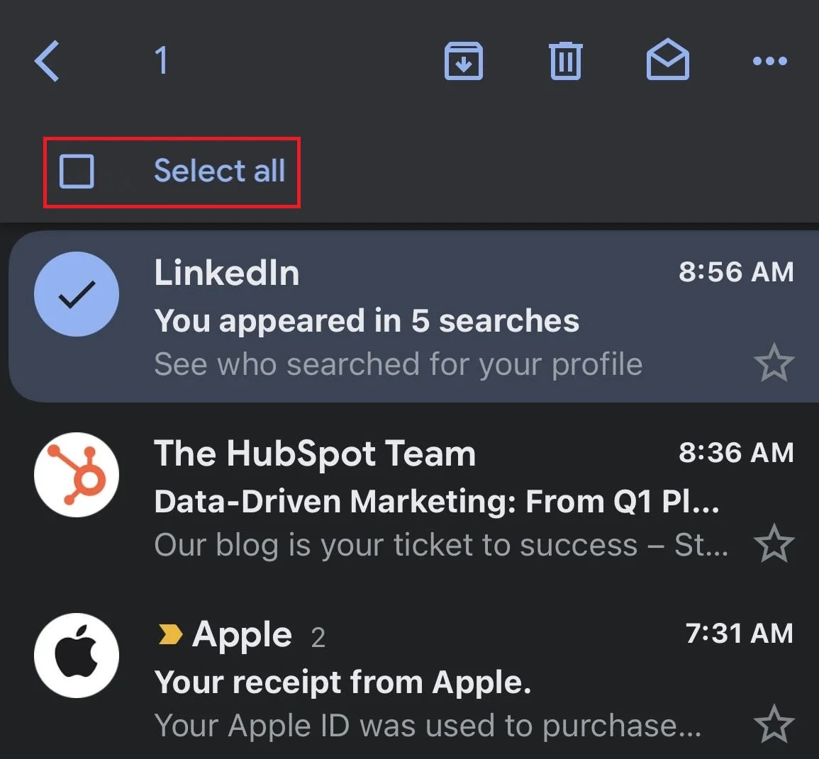 Gmail mobile inbox with one message selected and Select all highlighted.