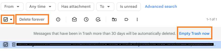 Gmail Trash with Delete forever and Empty Trash now highlighted.