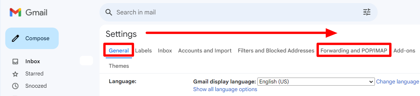 An arrow points from the General settings tab to Forwarding and POP/IMAP.