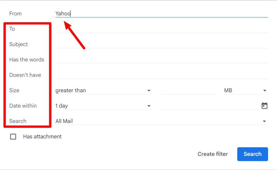 Gmail's advanced search form has Yahoo entered in the From field.