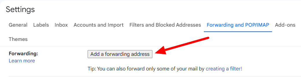 The Add a forwarding address button is highlighted.