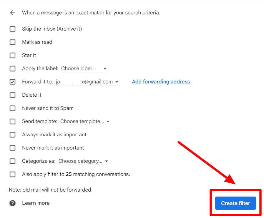 The Create filter button is highlighted after selecting the forwarding action.