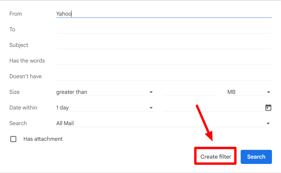 The Create filter button is highlighted below the search criteria.