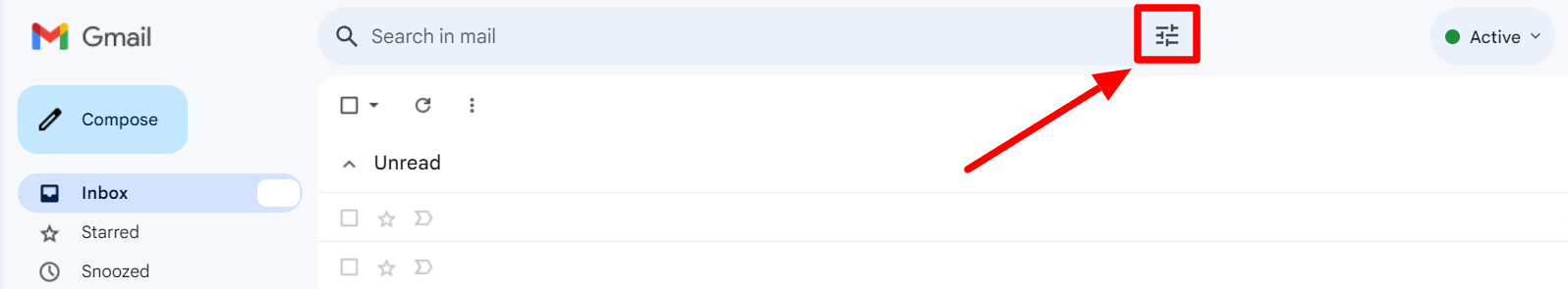 The Show search options icon in Gmail's search bar is highlighted.