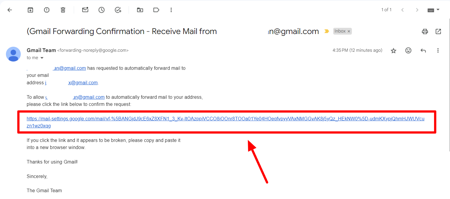 The verification link in the forwarding-confirmation email is highlighted.
