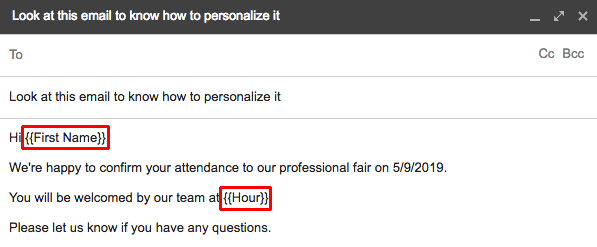 Gmail template with First Name and Hour merge fields highlighted in an event confirmation.