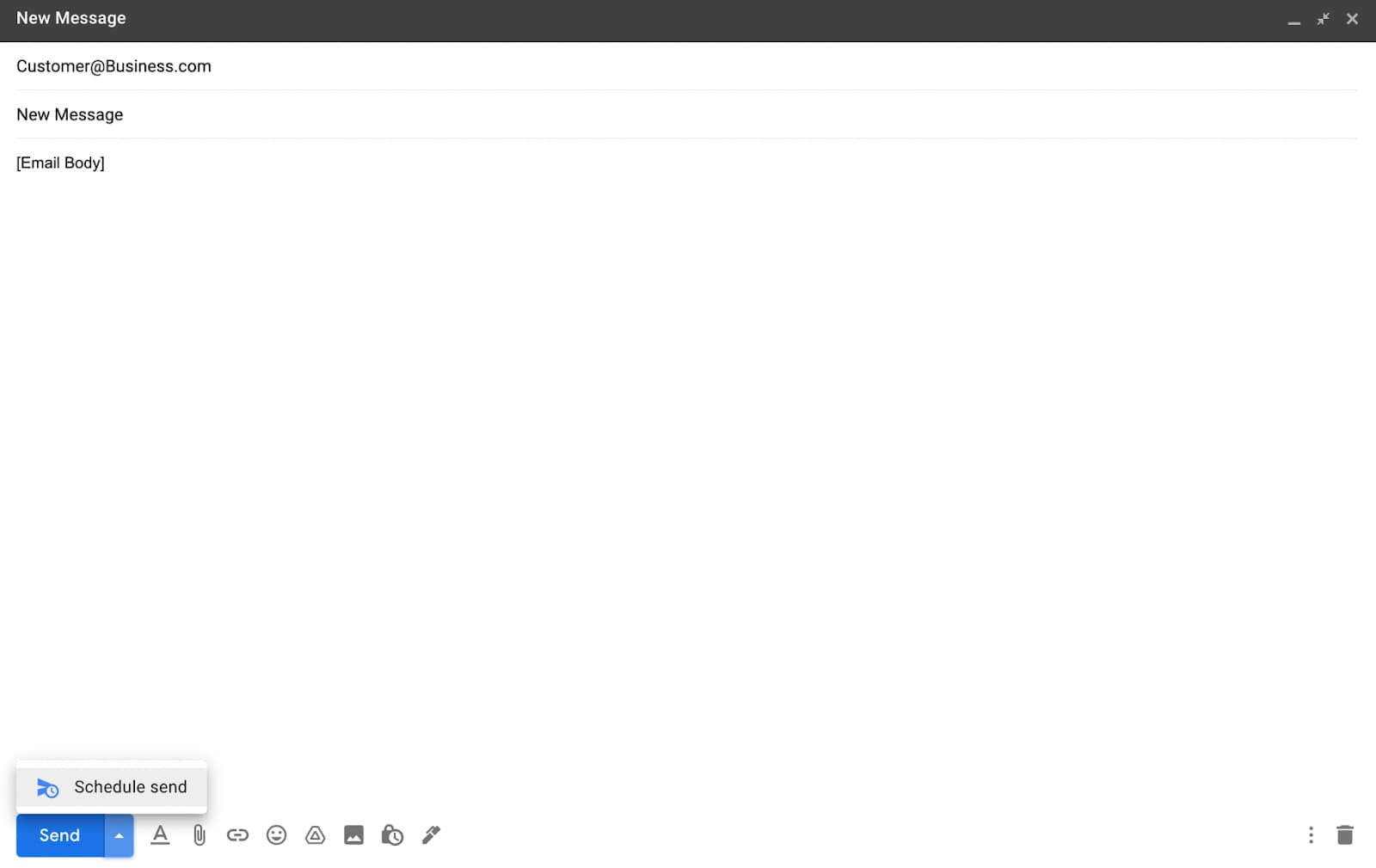 Gmail's compose window with Schedule send open beside the Send button.