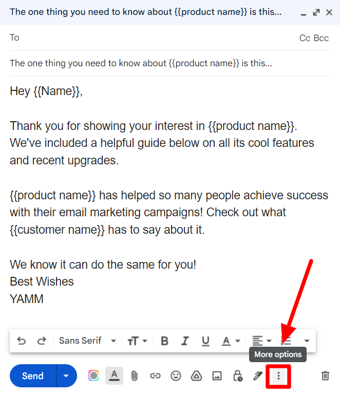 Gmail marketing draft with the More options menu highlighted.