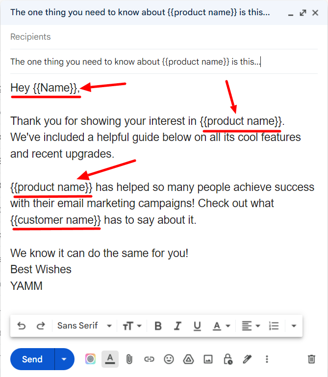 Marketing email draft containing Name, product name and customer name merge fields.