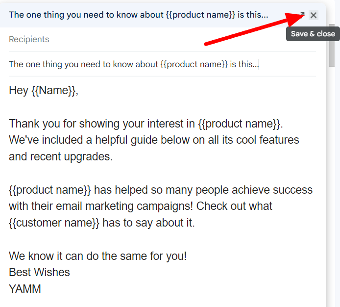 Marketing email draft with Save and close highlighted.
