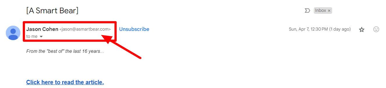 Open newsletter email with the sender's display name and address highlighted.