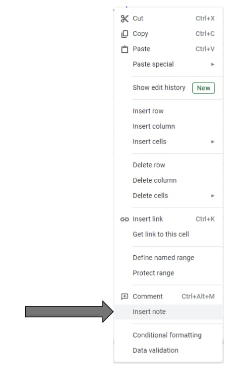 Google Sheets cell context menu with Insert note indicated.