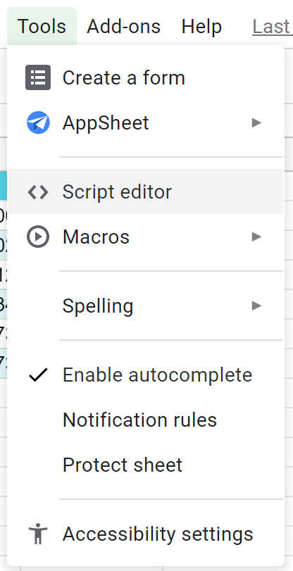 Google Sheets Tools menu with Script editor highlighted.
