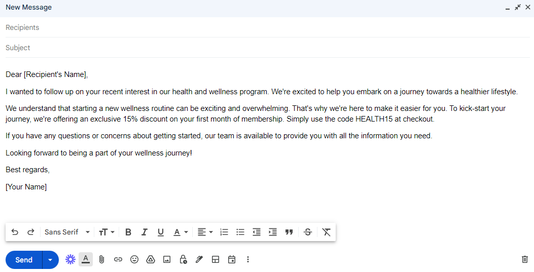 Gmail follow-up template offering a discount on a health and wellness membership.