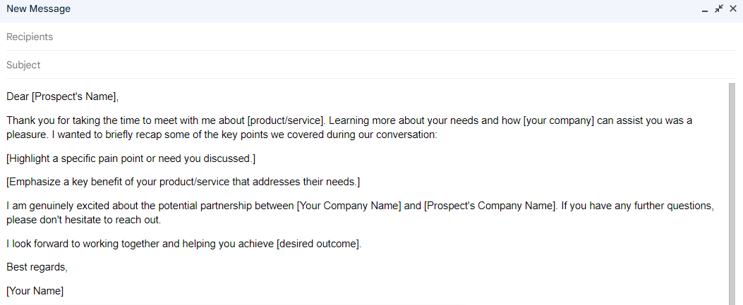Gmail follow-up template thanking a prospect for a meeting and summarizing next steps.