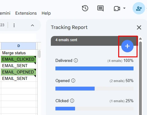 The Merge status column of a Google Sheet, and YAMM's tracking report beside it with the + button highlighted at the top.