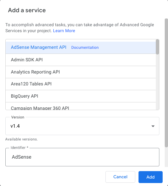 The Apps Script Add a service dialog with a list of available APIs.