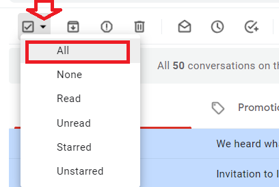 Gmail selection menu with All highlighted.