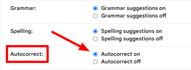 Gmail Autocorrect on option highlighted.