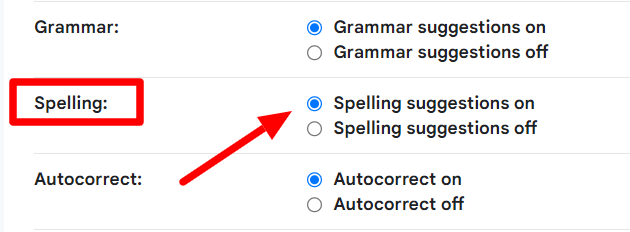 Gmail Spelling suggestions on option highlighted.