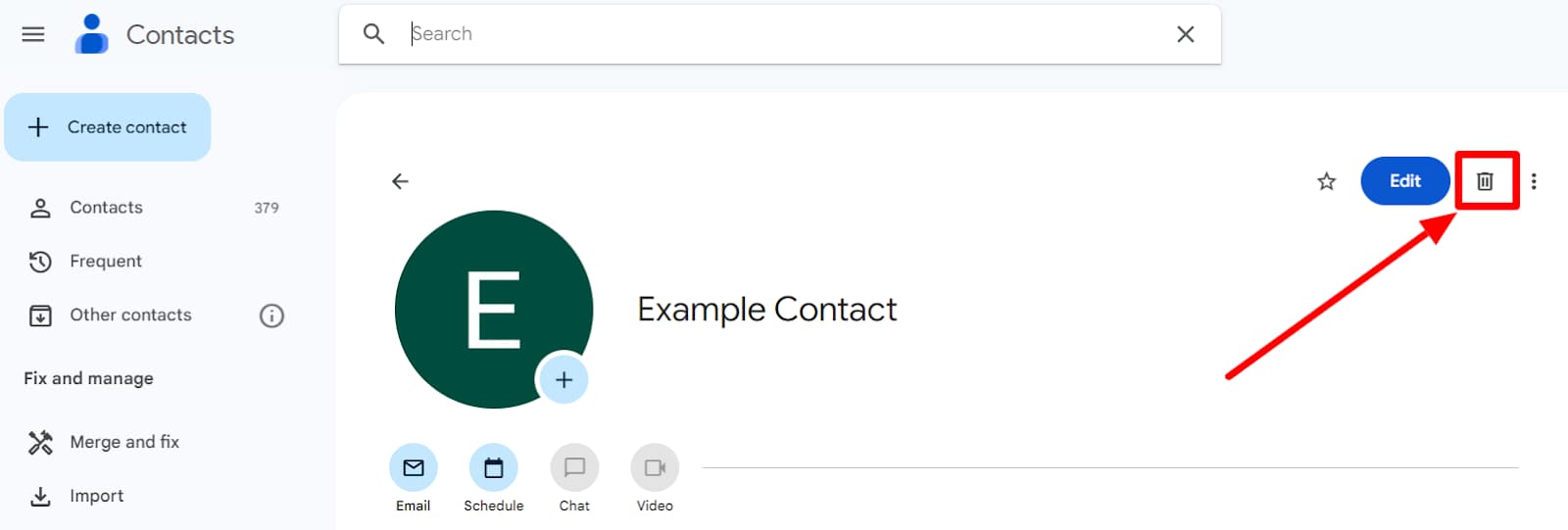 Google Contacts profile with the delete icon highlighted.